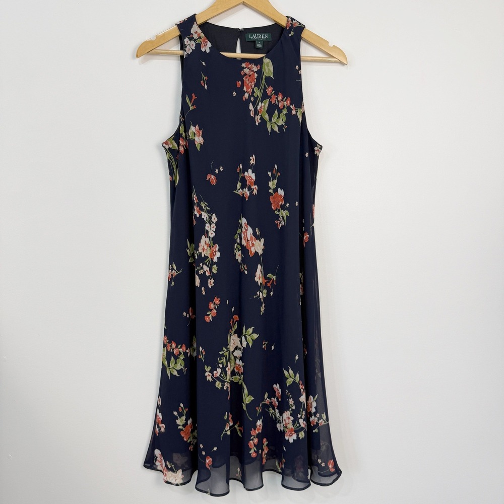 Lauren Ralph Lauren Floral Sleeveless Dress Womens 12 Dark Blue Wedding Guest
